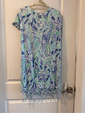Lilly Pulitzer Blue, Green & Purple Printed Swim Coverup with Fringe